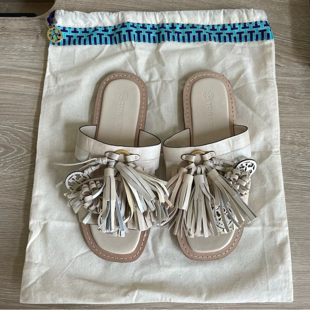 Tory Burch Miller Tassel Slide New Cream Size 6 Leather Neutral Luxury Coastal